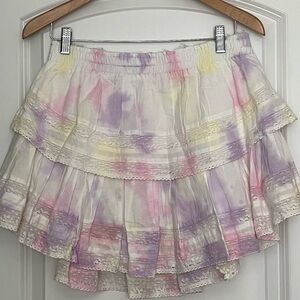 LoveShackFancy ruffle tiered tie dye mini skirt elastic waist lined flirty sz L